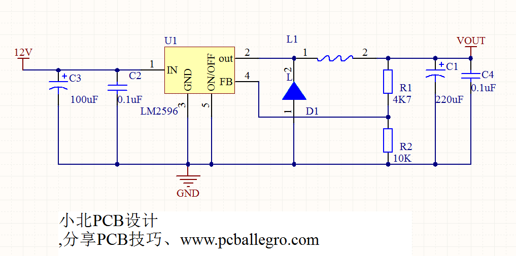 lm2596可调稳压电路原理图模块设计，引脚参数说明