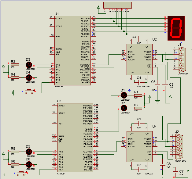 两片单片机仍工作于串口模式1，整个系统实现双机双向通信