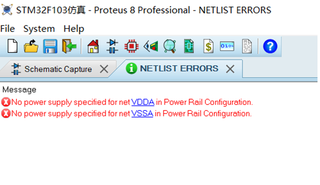 Protues8仿真STM32F103错误No power supply specified for net VDDA/VSSA i